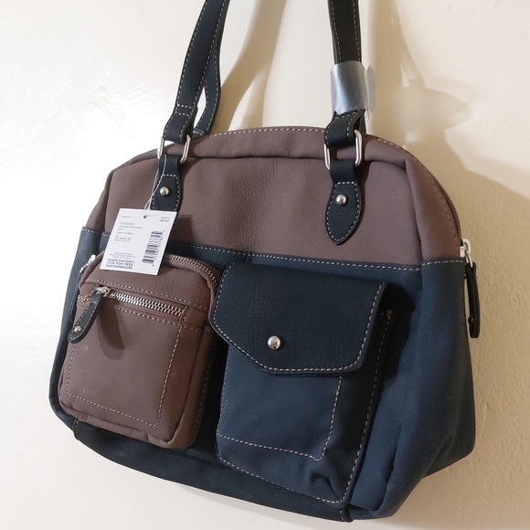 Soft Faux Leather Small Navy Blue Black Tan Colorblock Utility Handbag Purse - Picture 2 of 11